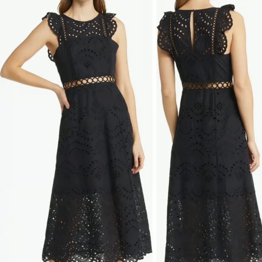 SAM EDELMAN Black Cotton Eyelet Scallop Hem Sleeveless Midi Dress